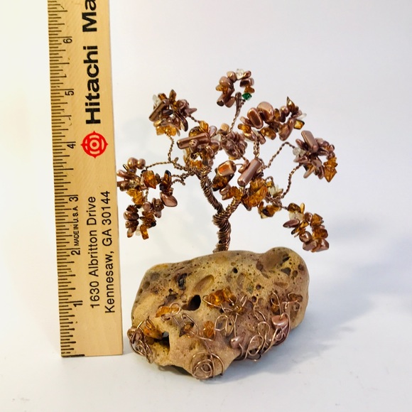 Wire Sculpture Bonsai Tree Amber Stone Chip Iridescent Bronze Beads 5.5" Artisan - Picture 8 of 12